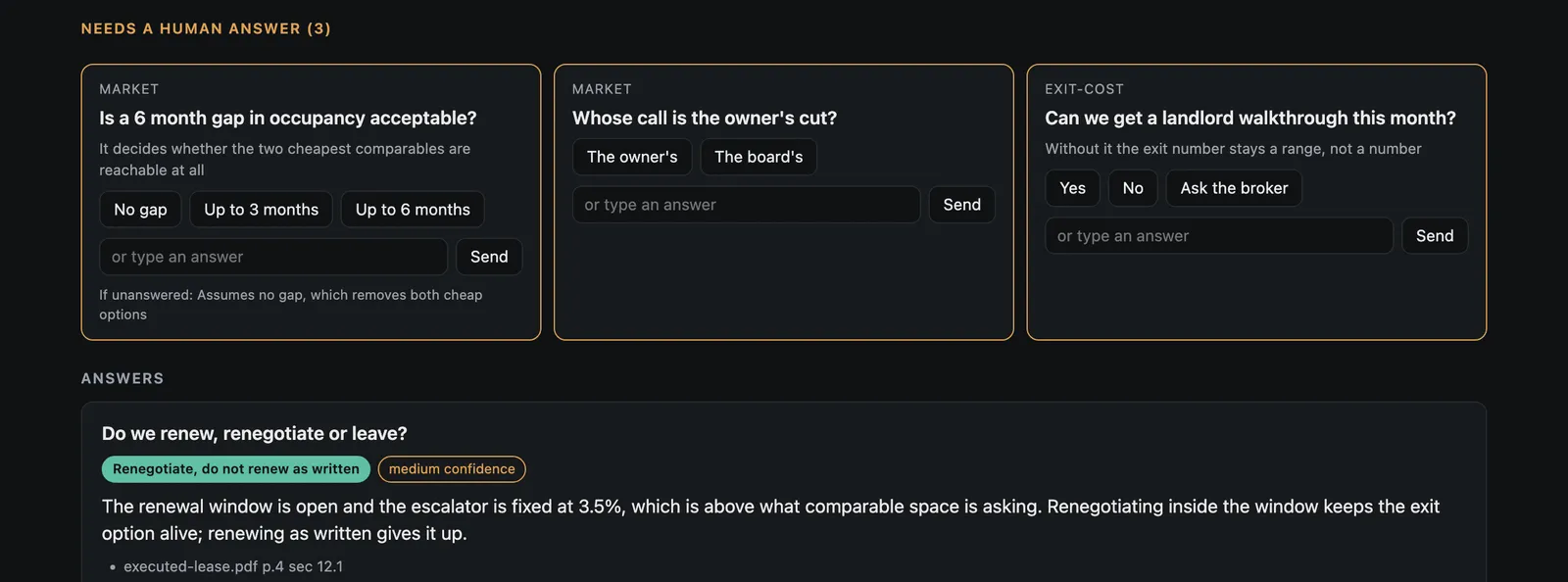 Three question cards, each with its agent, its options, and what happens if nobody answers